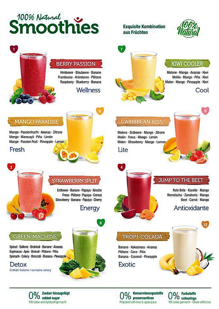 Smoothie Time Getränkekarte – alle 8 Sorten